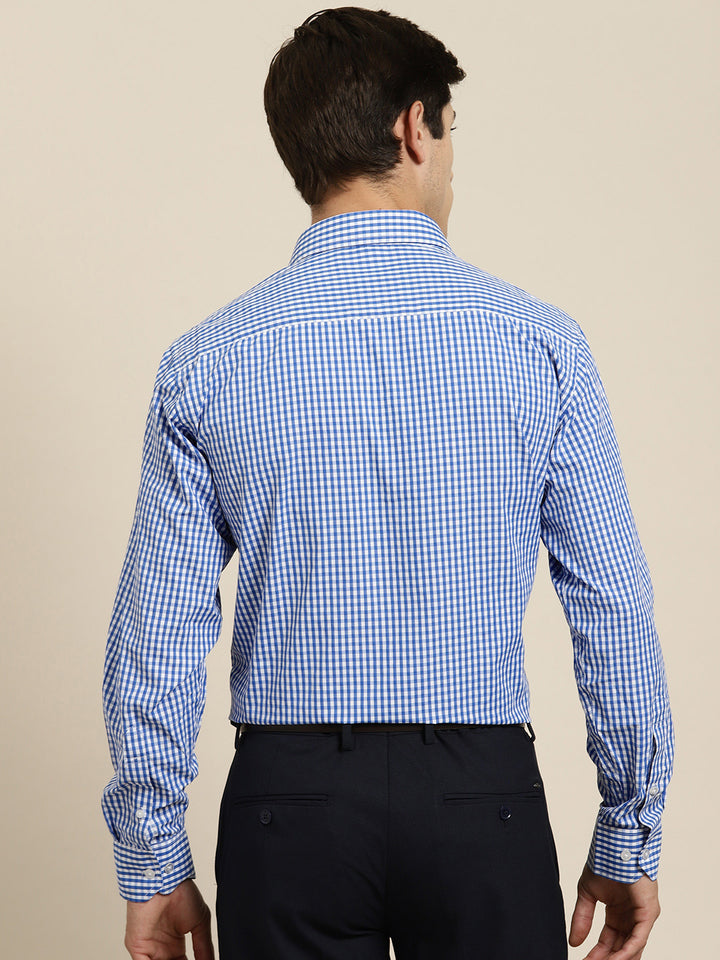 Men Blue Gingham Check Cotton Rich Slim fit Formal Shirt