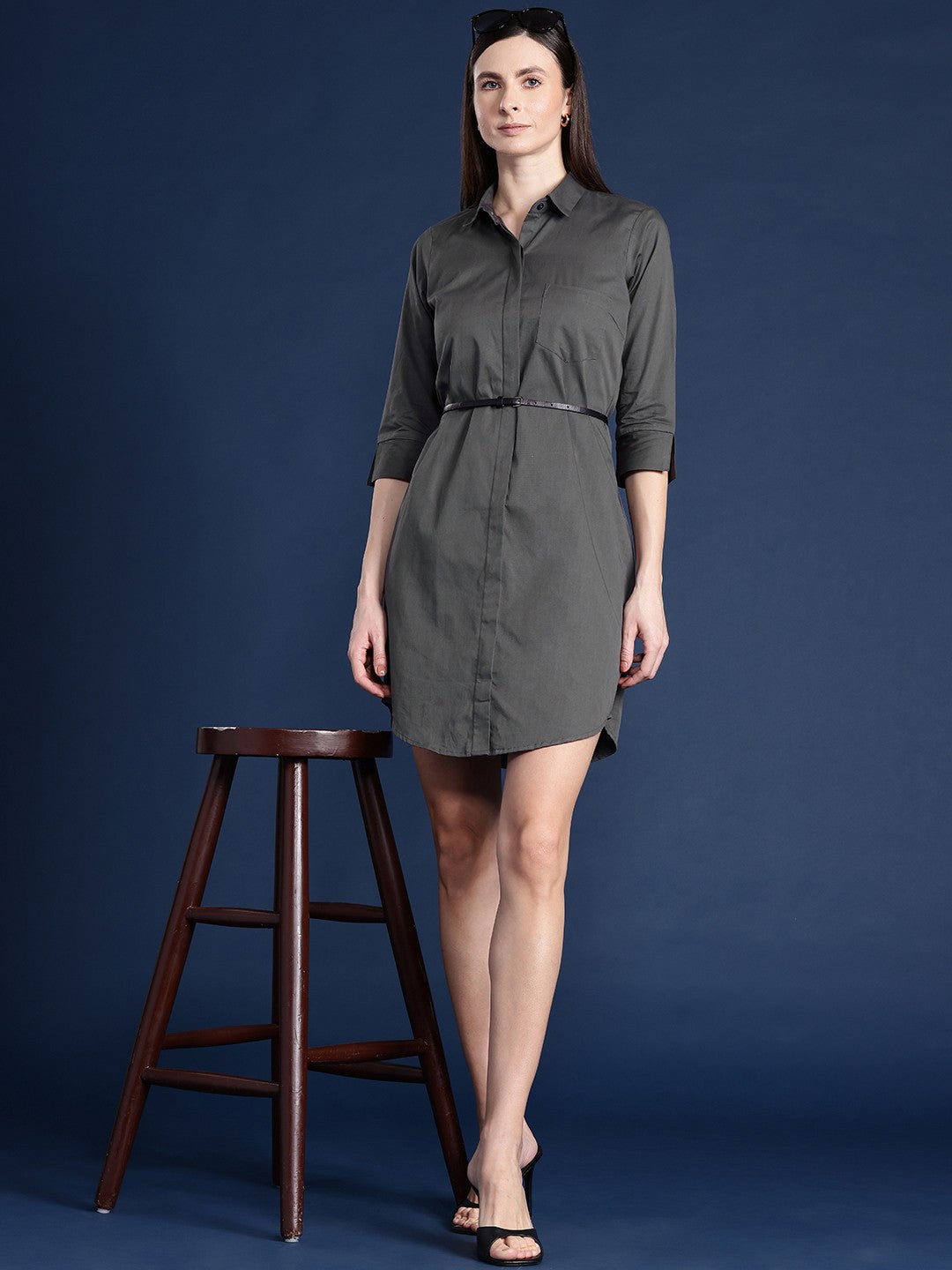 Hancock Women Grey Solid Pure Cotton Regular Fit Formal Shirt Dress Hancock Women Grey Solid Pure Cotton Regular Fit Formal Shirt Dress
