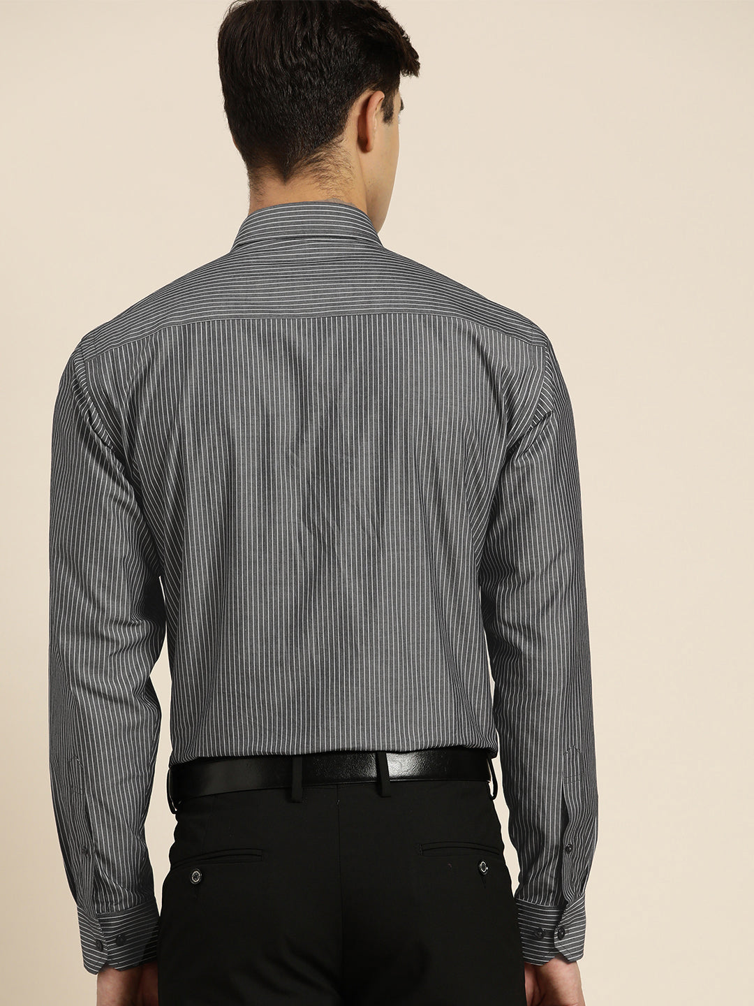 Men Black  &  White Stripes Pure Cotton Slim fit Formal Shirt