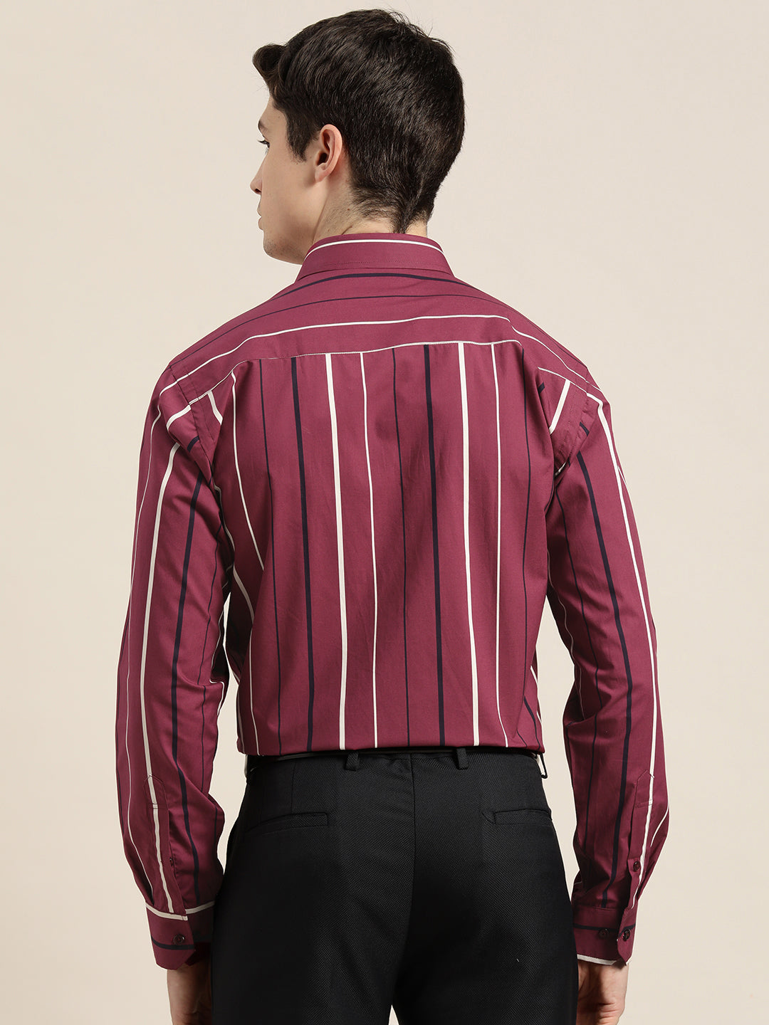 Men Burgundy Stripes Pure Cotton Slim fit Formal Shirt