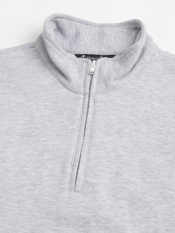 Men Melange Grey Solid Half Zipper Long Sleeves Fleece Sweatshirt