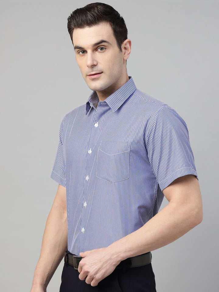 Men Blue & White Stripe Cotton Slim Fit Formal Shirt