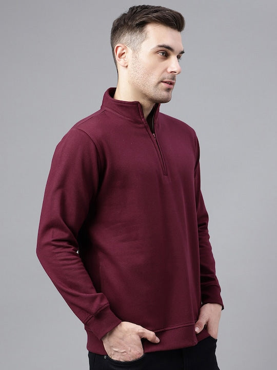 Men Burgundy Solid Half Zipper Long Sleeves Fleece Sweatshirt