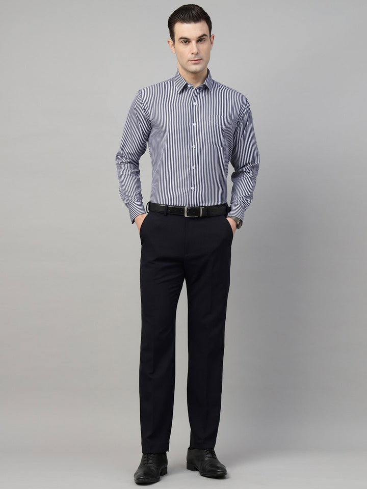 Navy &amp; white vertical striped wrinkle ressistant cotton blend long sleeves shirt 