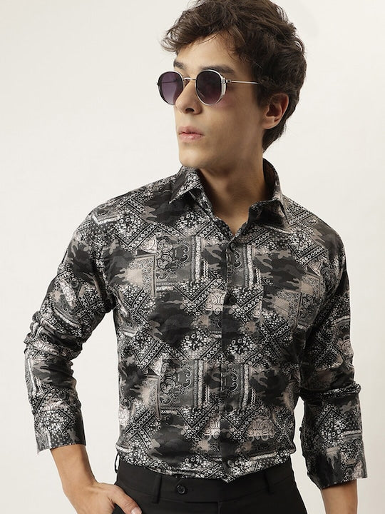 Men Black & Beige Abstract Digital Printed Cotton Satin Slim Fit Party Shirt