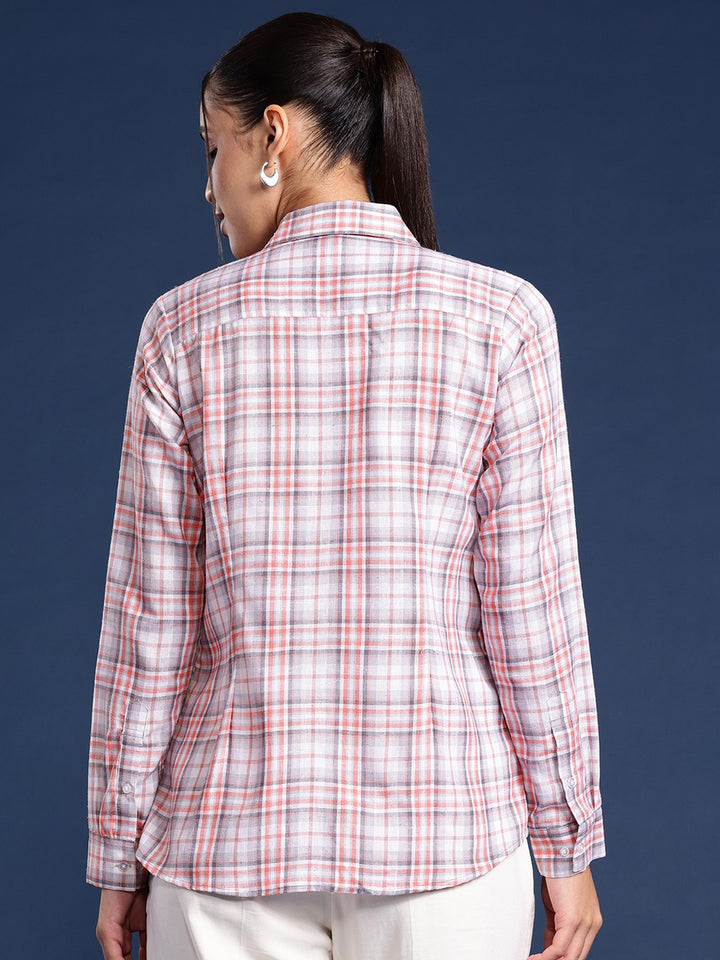 Women White Checks Linen Blend Formal Shirt