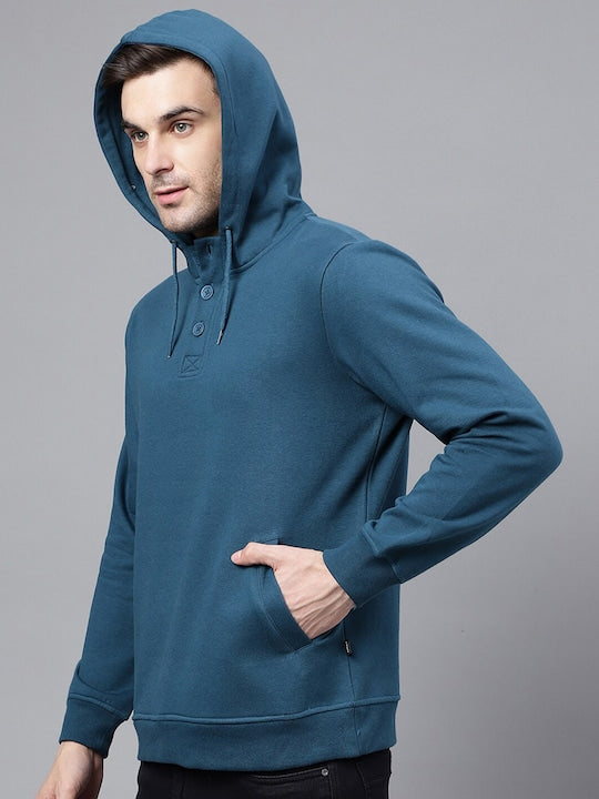 Men Turquoise Blue Solid Half Button Placket Long Sleeves Fleece Hooded Sweatshirt