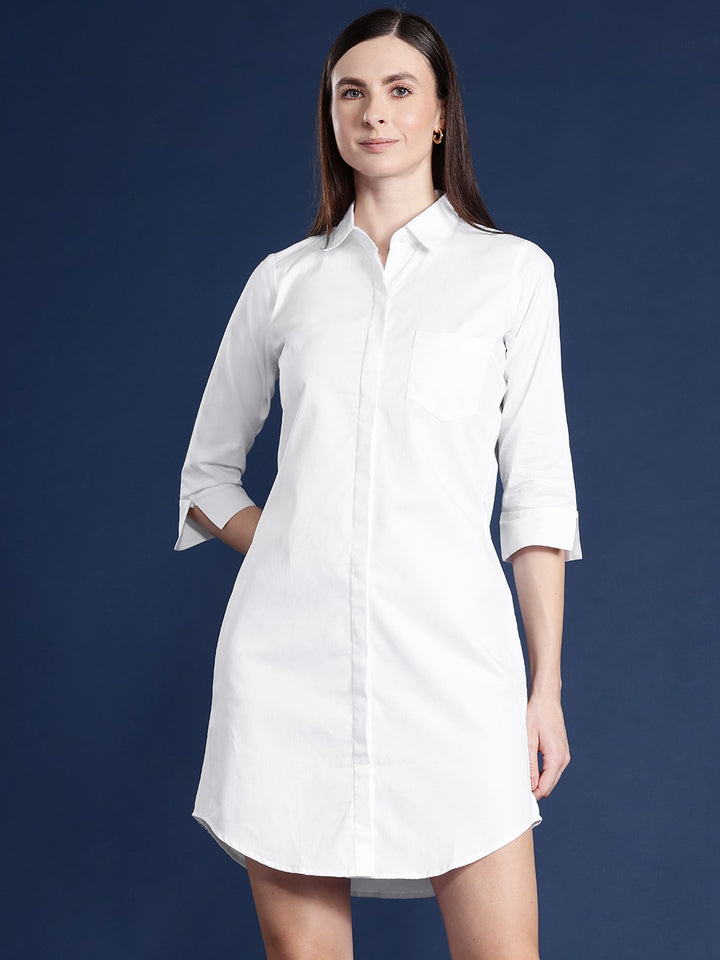 Women White Solid Pure Cotton Regular Fit Formal Shirt Dress