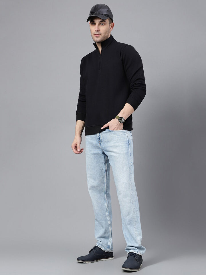Men Black Solid Half Zipper Long Sleeves Fleece Sweatshirt