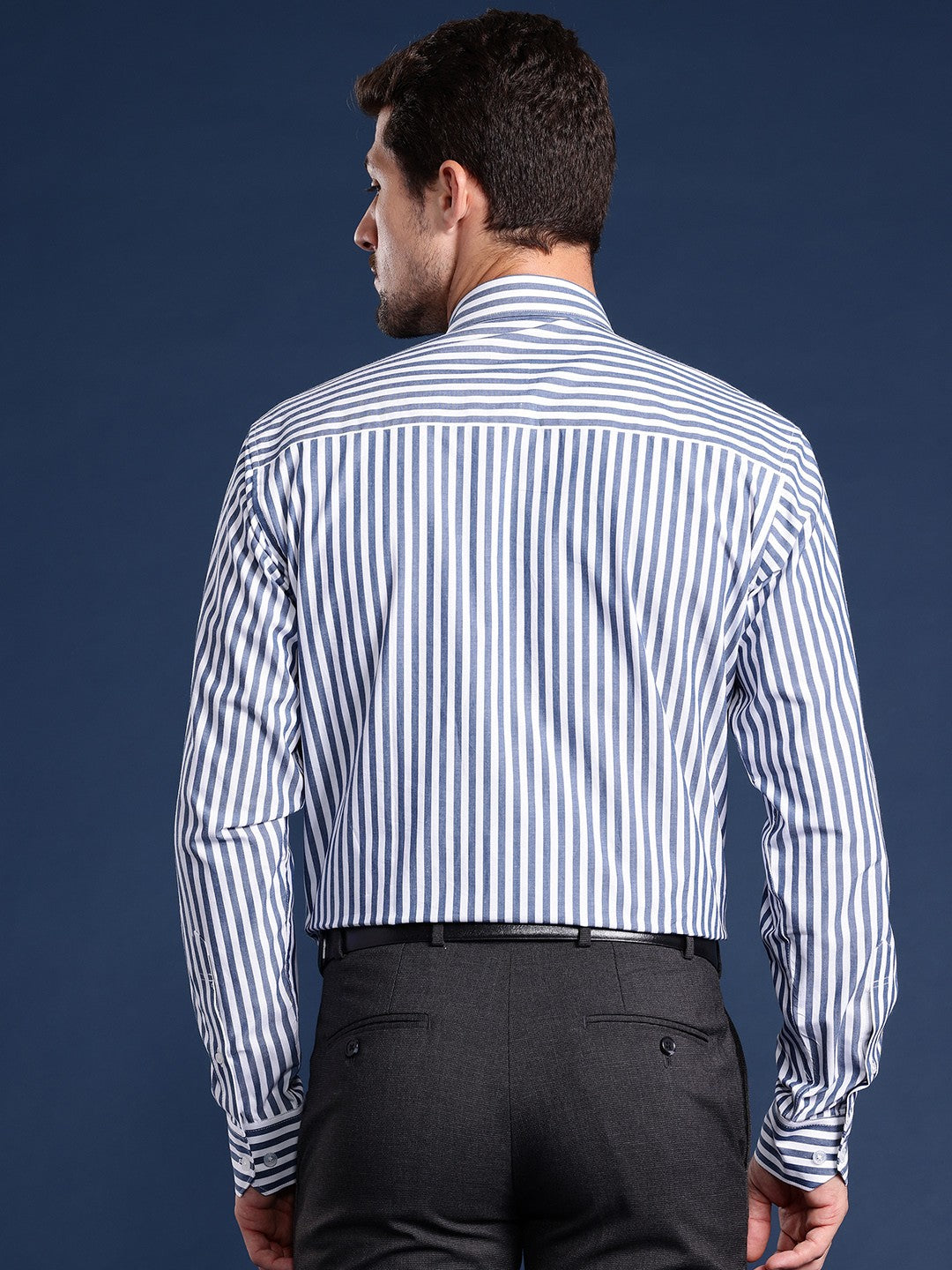Men Blue-Navy Striped Pure Cotton Slim Fit Formal Shirt