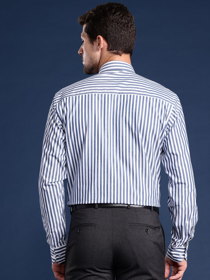 Men Blue-Navy Striped Pure Cotton Slim Fit Formal Shirt