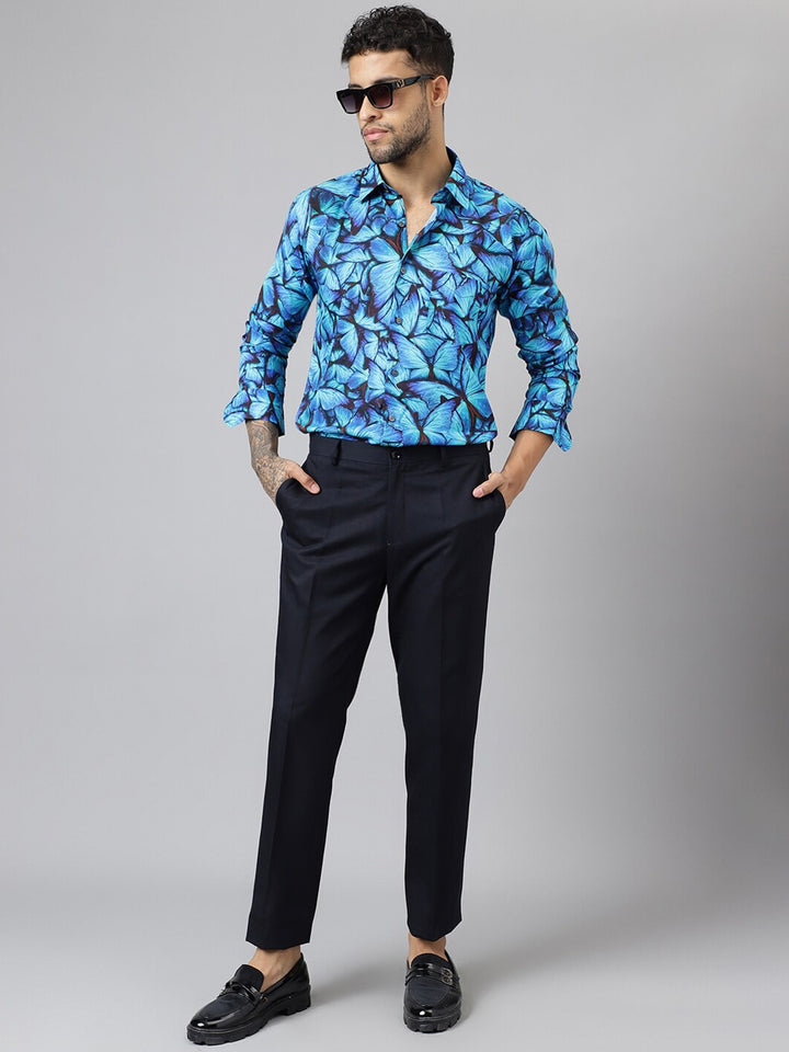 Men Blue Floral Printed Viscose Rayon Slim Fit Party Shirt