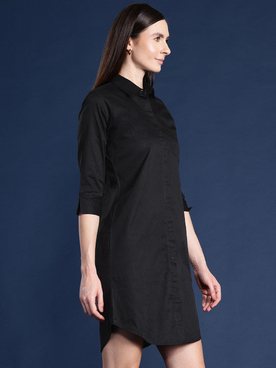 Women Black Solid Pure Cotton Regular Fit Formal Shirt Dress