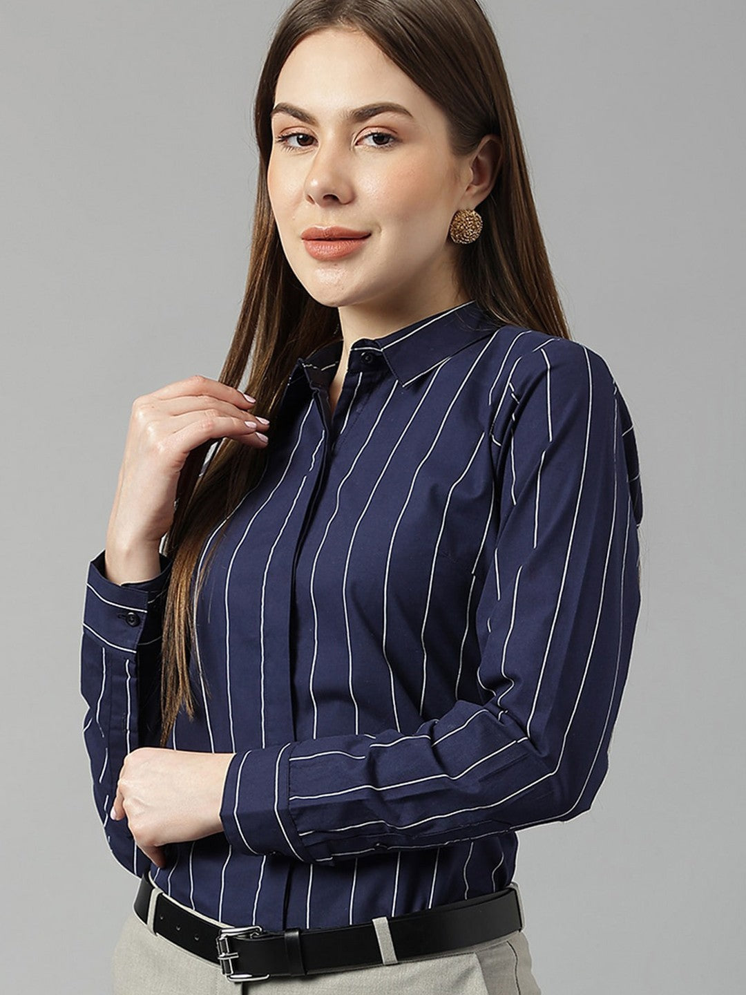Women Navy Blue Stripes Pure Cotton Plus Size Formal Shirt