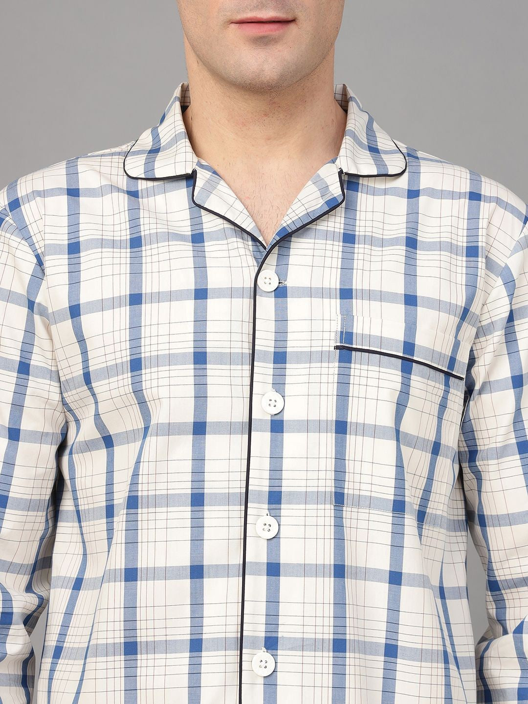 Hancock Men Cream & Blue Check Pure Cotton Relaxed Fit Night Wear Night Suit