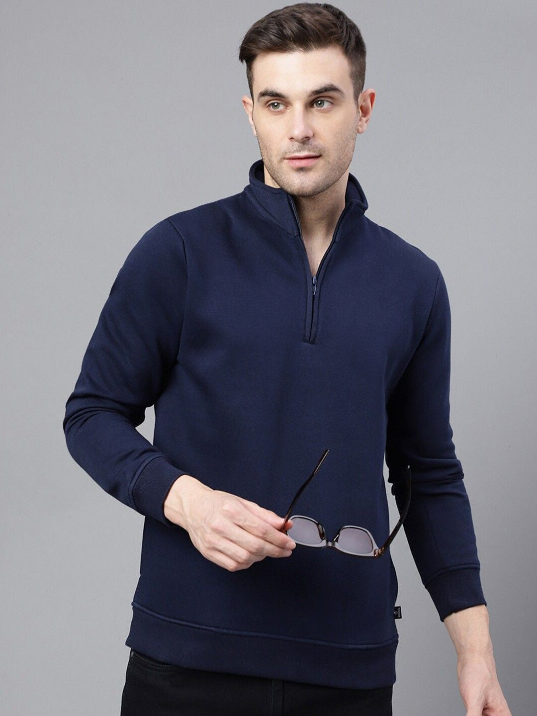Hancock Men Navy Blue Solid Fleece Regular Fit Casual Sweatshirt