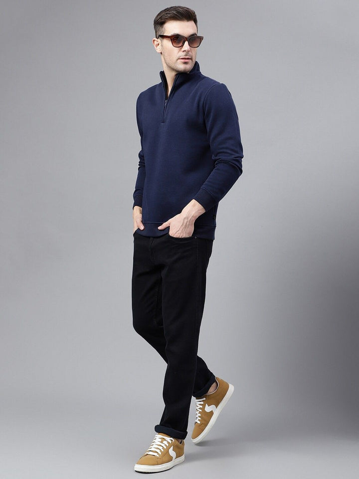 Hancock Men Navy Blue Solid Fleece Regular Fit Casual Sweatshirt