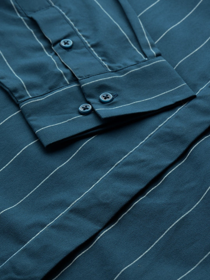 Women Turquoise Stripes Pure Cotton Plus Size Formal Shirt
