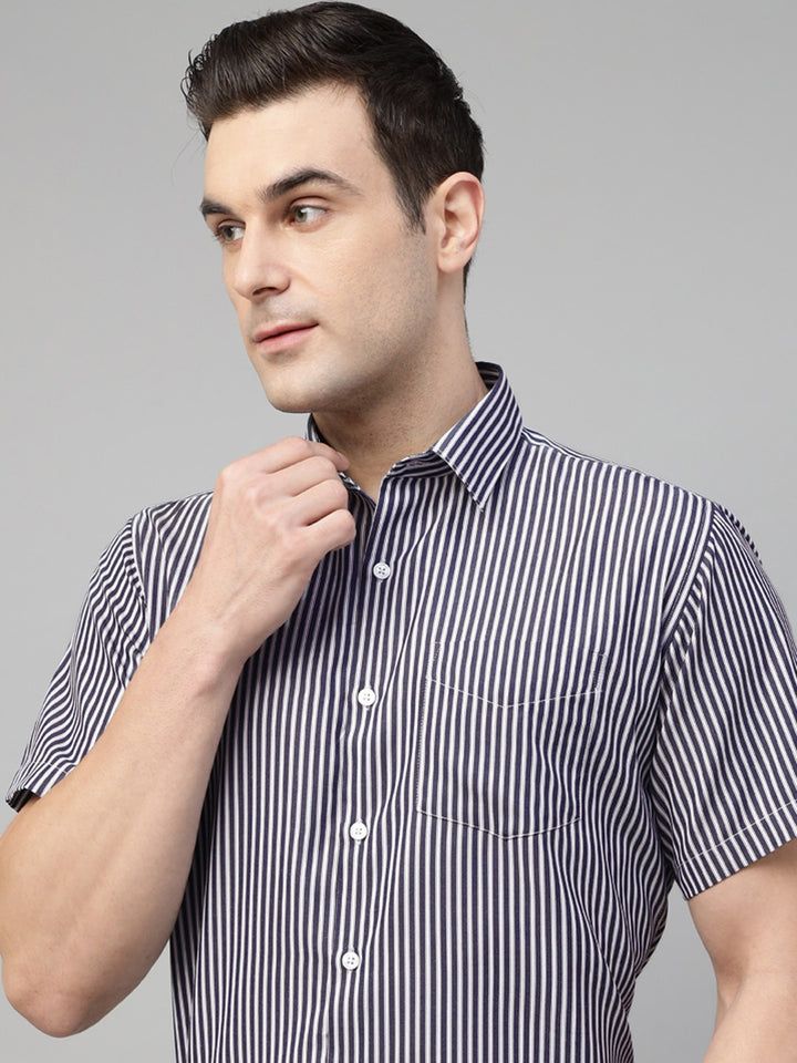 Men Navy & White Stripe Cotton Slim Fit Formal Shirt