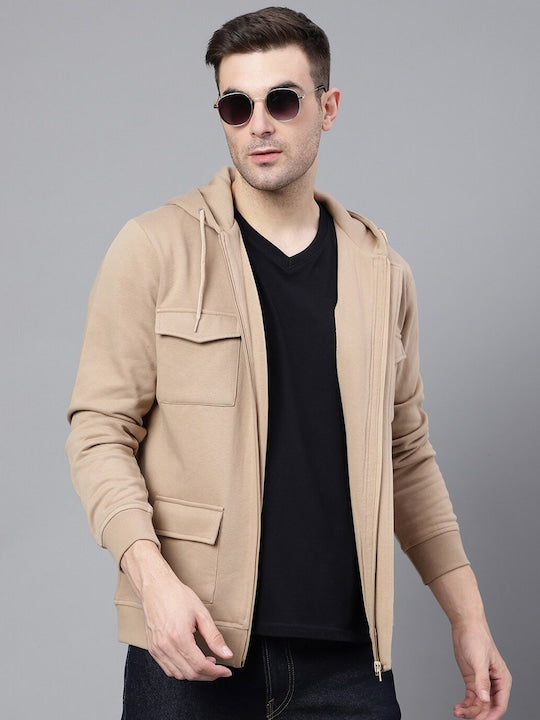 Men Beige Solid Full Zipper Cargo Pocket Long Sleeves Fleece Hooded Sweatshirt