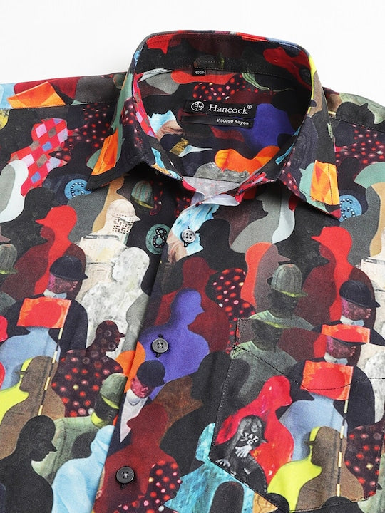Men Black &Multi Abstract Printed Viscose Rayon Slim Fit Party Shirt