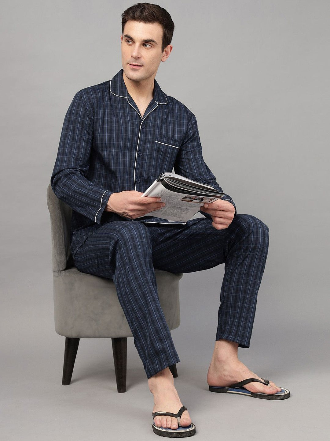 Men Navy Blue Check Pure Cotton Relaxed Fit Night Wear Night Suit