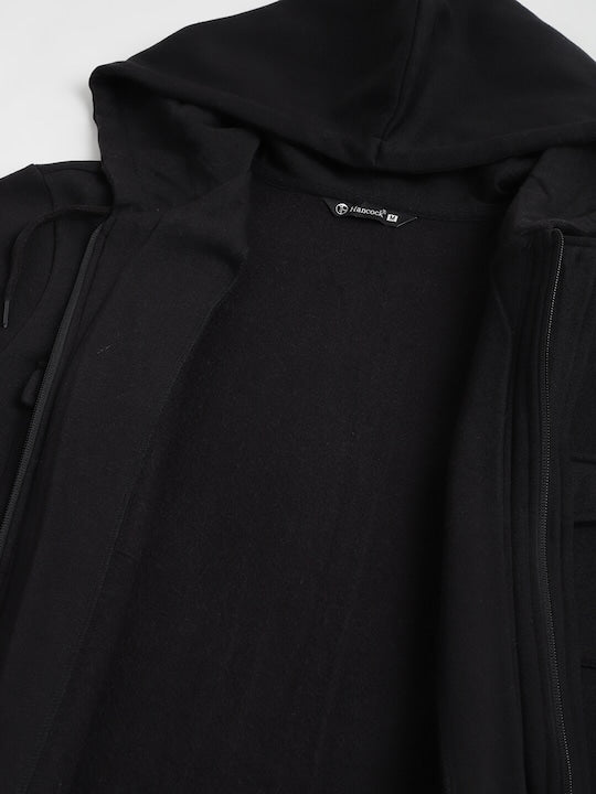 Men Black Solid Full Zipper Cargo Pocket Long Sleeves Fleece Hooded Sweatshirt