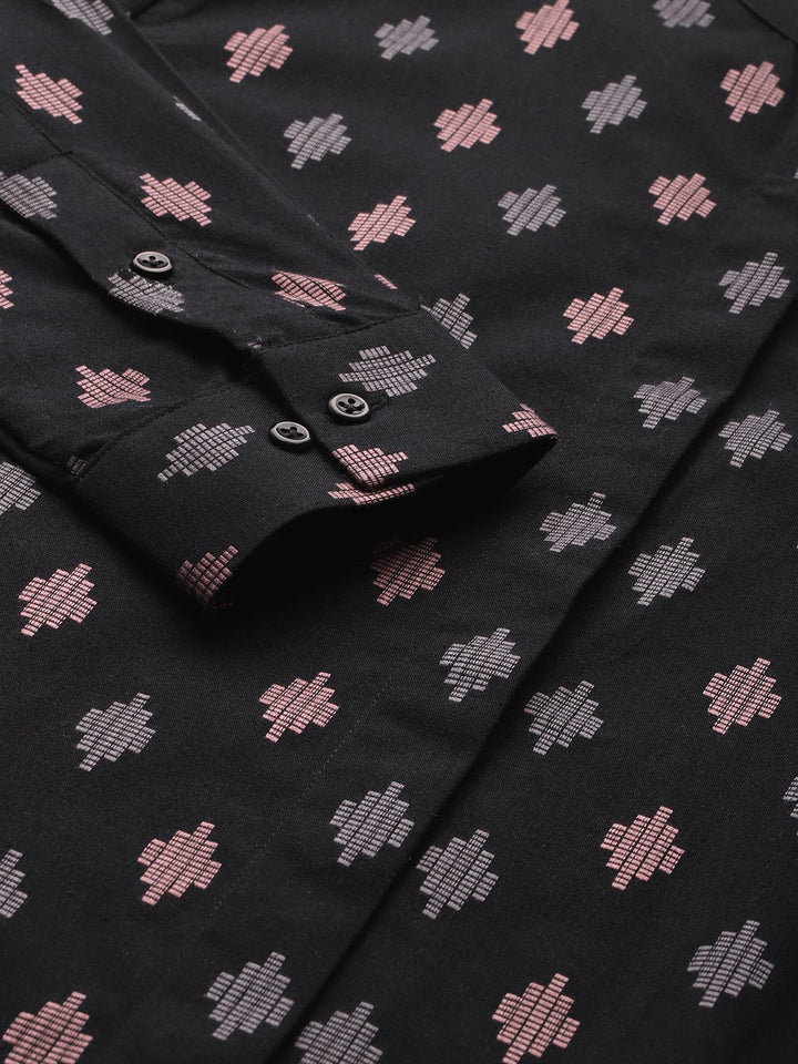 Women Black Ethnic Print Mandarin Collar Pure Cotton Formal Shirt