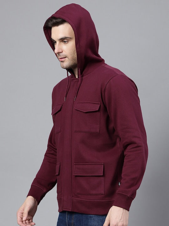 Men Burgundy Solid Full Zipper Cargo Pocket Long Sleeves Fleece Hooded Sweatshirt