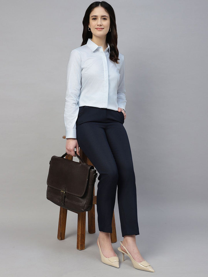 Hancock Women White & Blue Stripe Pure Cotton Regular Fit Formal Shirt