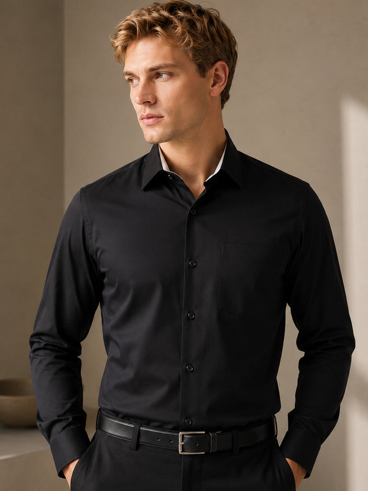 Men Black Pure Cotton Satin Solid Slim Fit Formal Shirt