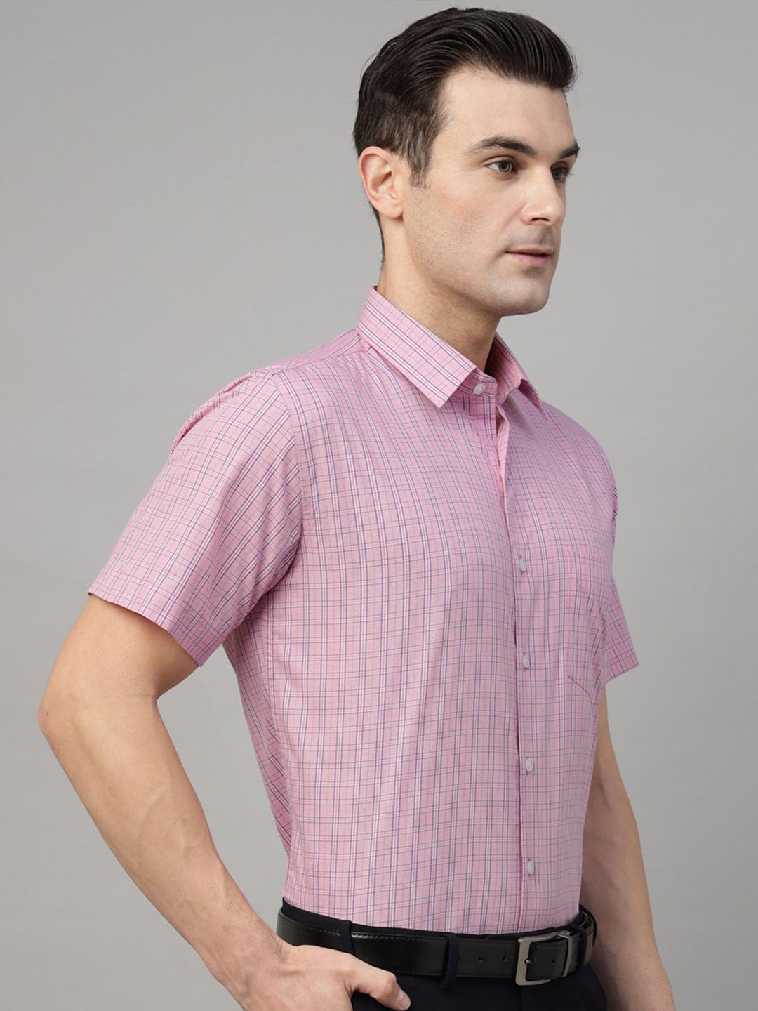Pink tartan checked pure cotton short sleeves shirt 