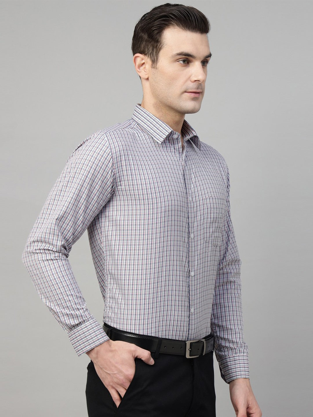 Men Grey & Navy Check Cotton Slim Fit Formal Shirt