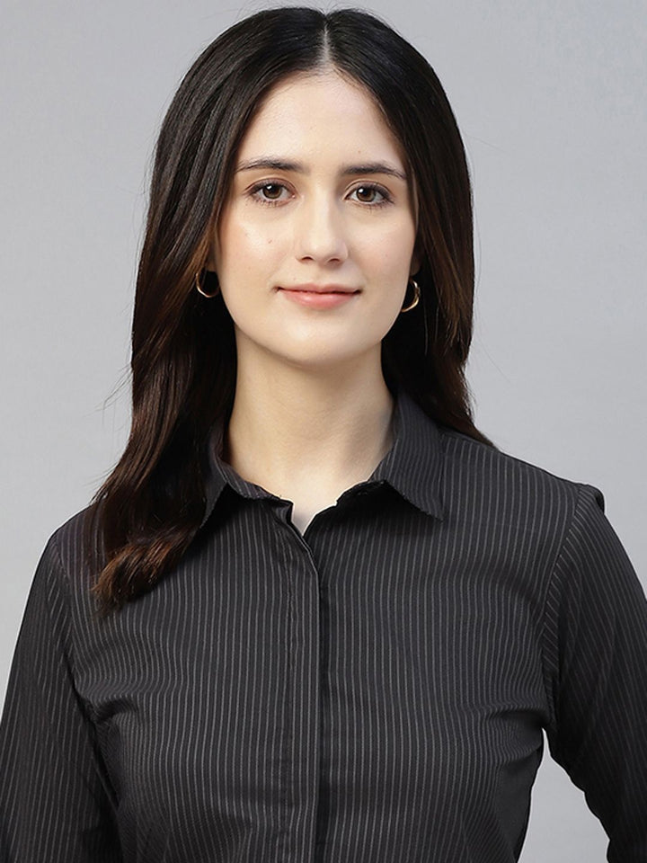 Hancock Women Black Stripe Cotton Elastene Regular Fit Formal Shirt