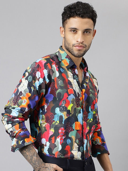 Men Black &Multi Abstract Printed Viscose Rayon Slim Fit Party Shirt