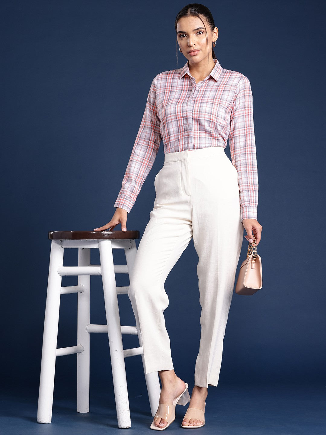 Women White Checks Linen Blend Formal Shirt
