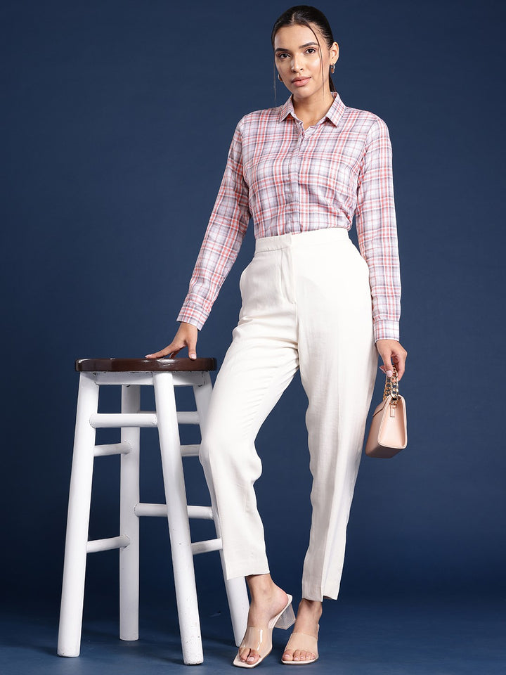 Women White Checks Linen Blend Formal Shirt