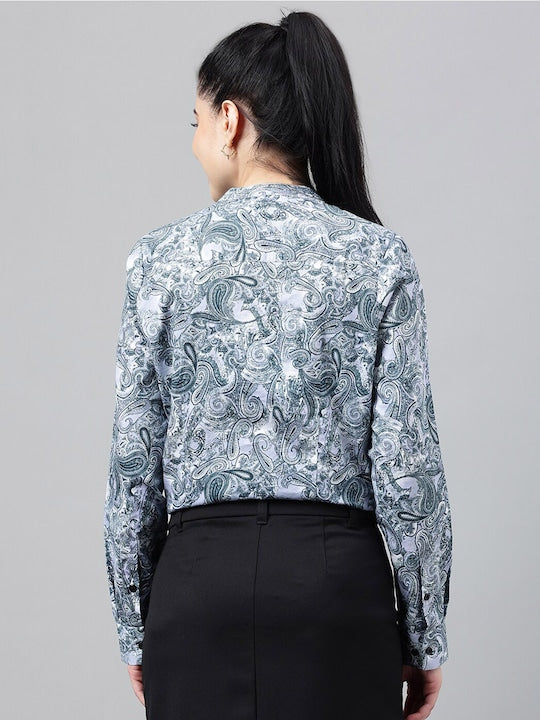 Women Blue Floral Digital Printed Cotton Satin Long Sleeves Regular Fit Formal Top