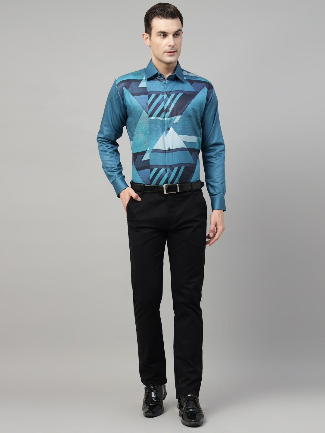 Men Turquoise Blue Graphical Printed Wrinkle Free Cotton Satin Slim Fit Party Shirt
