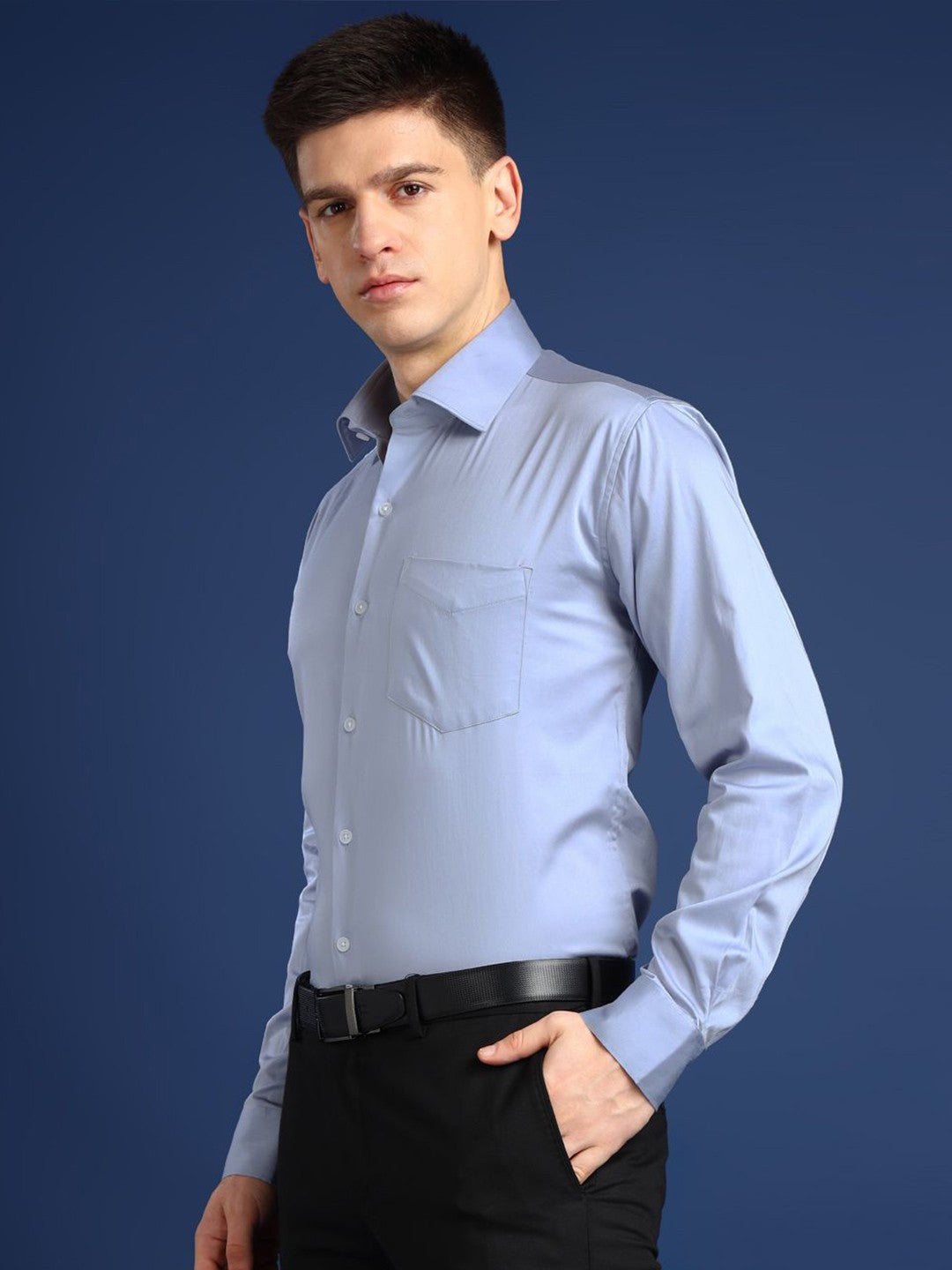 Hancock Men Sky Blue Solid Cotton Elastene Slim Fit Party Shirt
