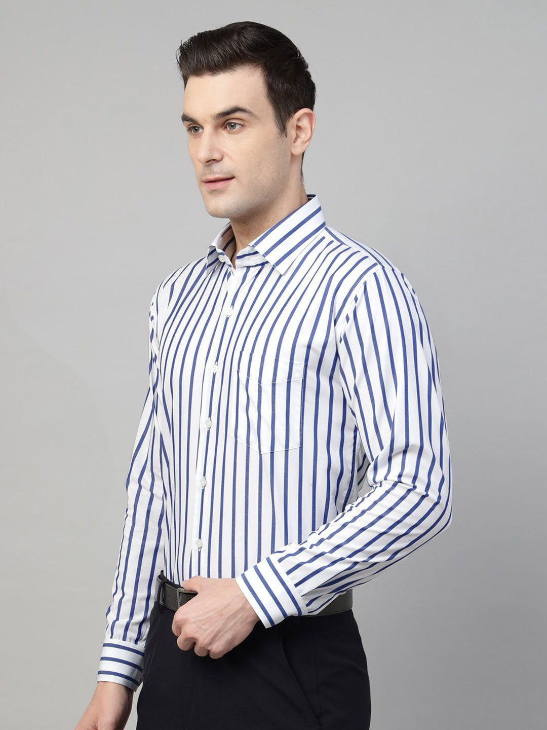 Men White & Blue Stripe Cotton Slim Fit Formal Shirt