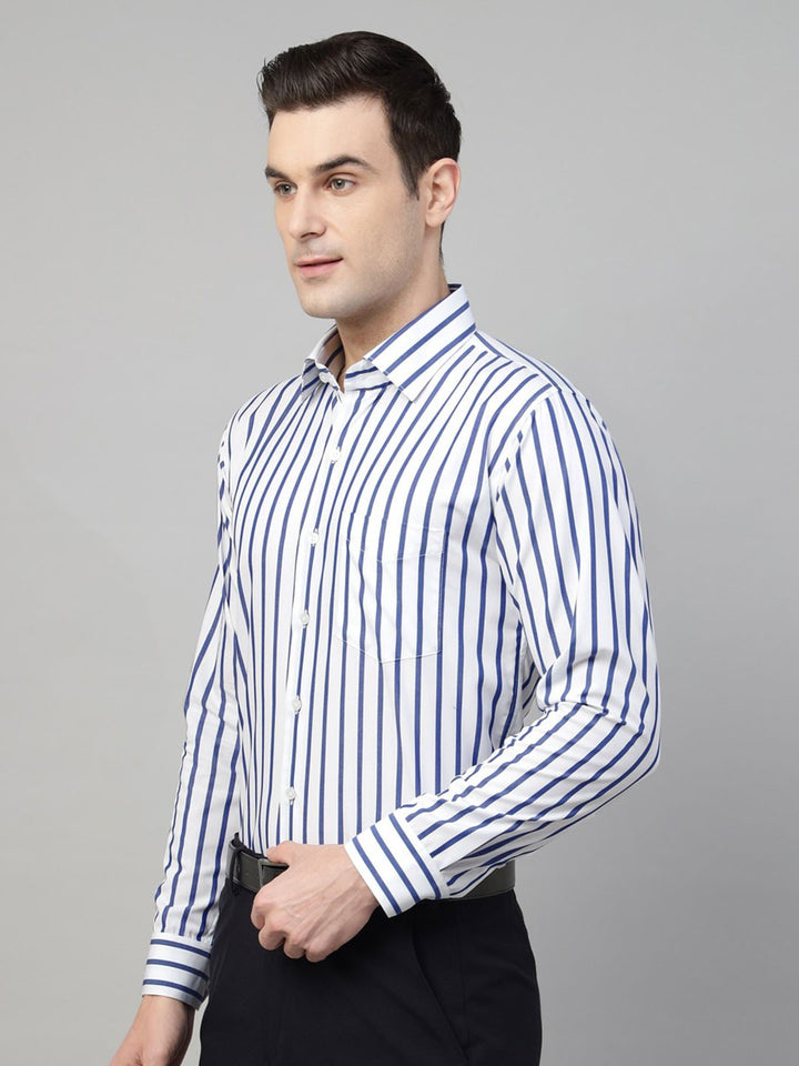 Men White & Blue Stripe Cotton Slim Fit Formal Shirt
