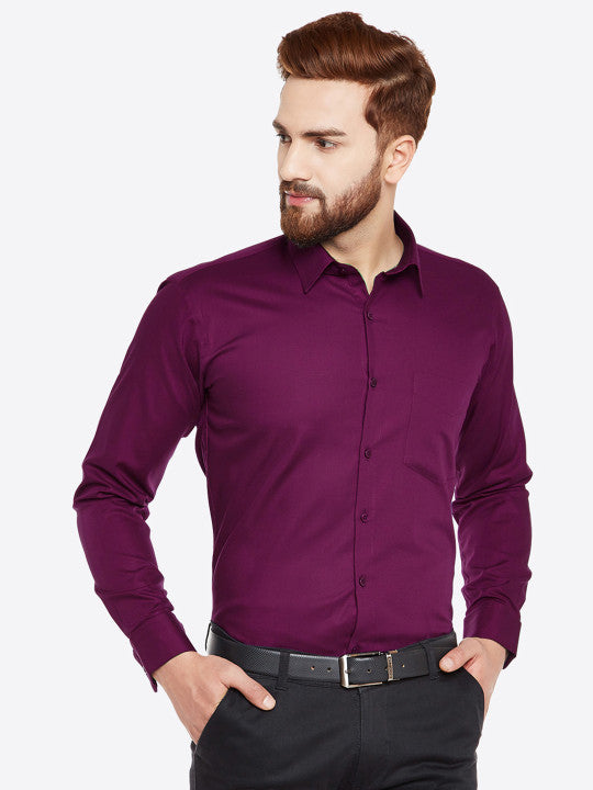 Men Wine Solid Pure Cotton Slim Fit Formal Shirt