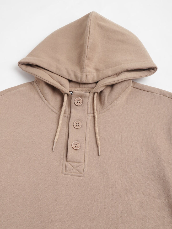 Men Beige Solid Half Button Placket Long Sleeves Fleece Hooded Sweatshirt