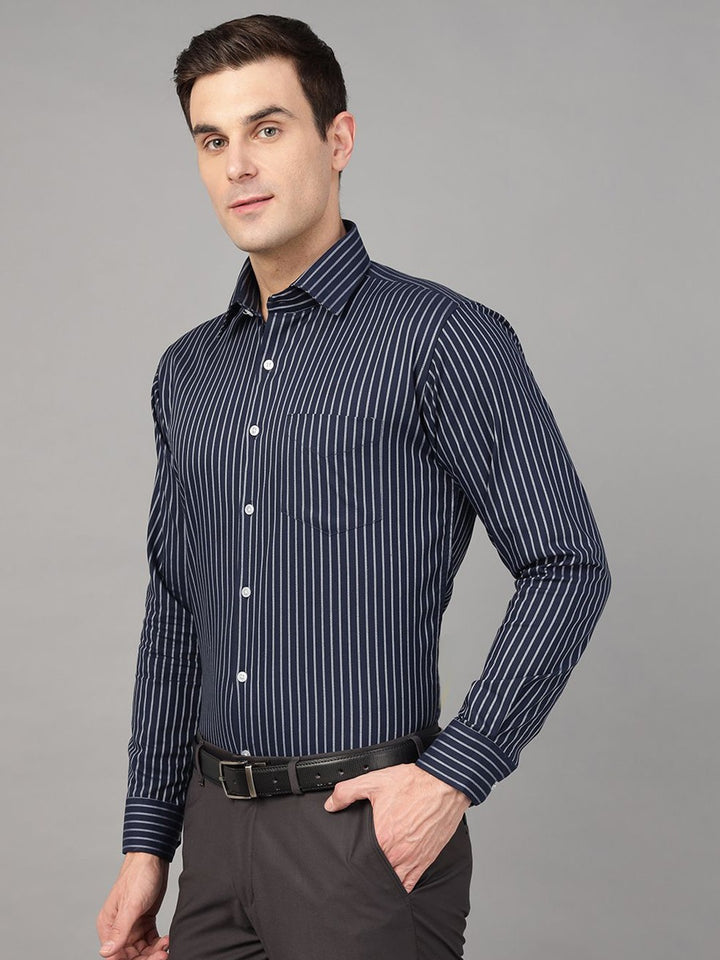 Hancock Men Navy Blue Stripe Pure Cotton Slim Fit Formal Shirt