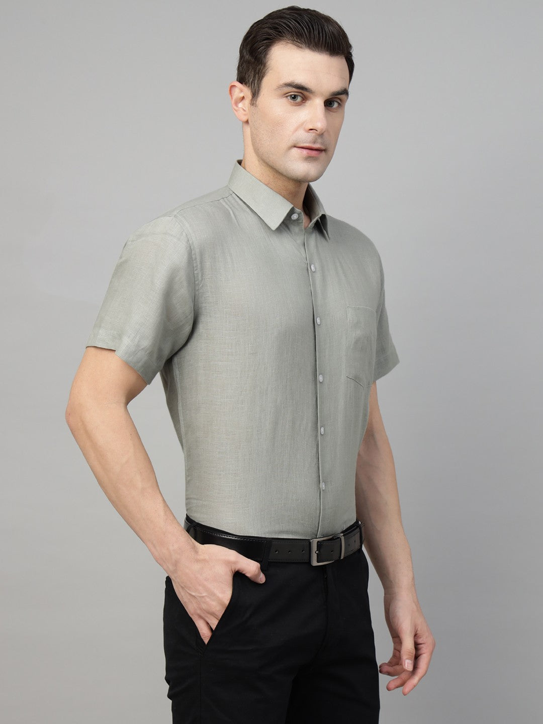 Men Basil Green Solid Pure Linen Slim Fit Formal Shirt