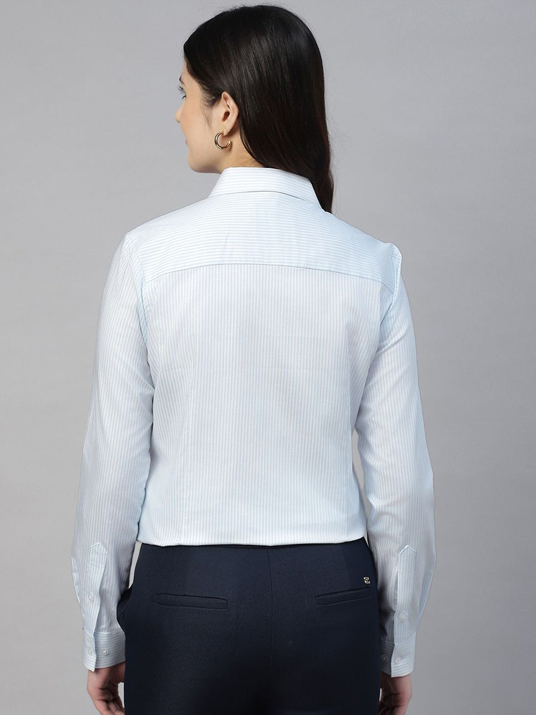 Hancock Women White & Blue Stripe Pure Cotton Regular Fit Formal Shirt