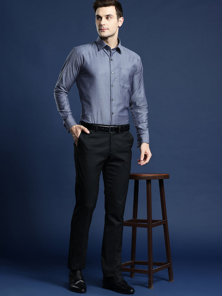 Men Navy Blue Chevron Self Design Pure Cotton Slim Fit Formal Shirt