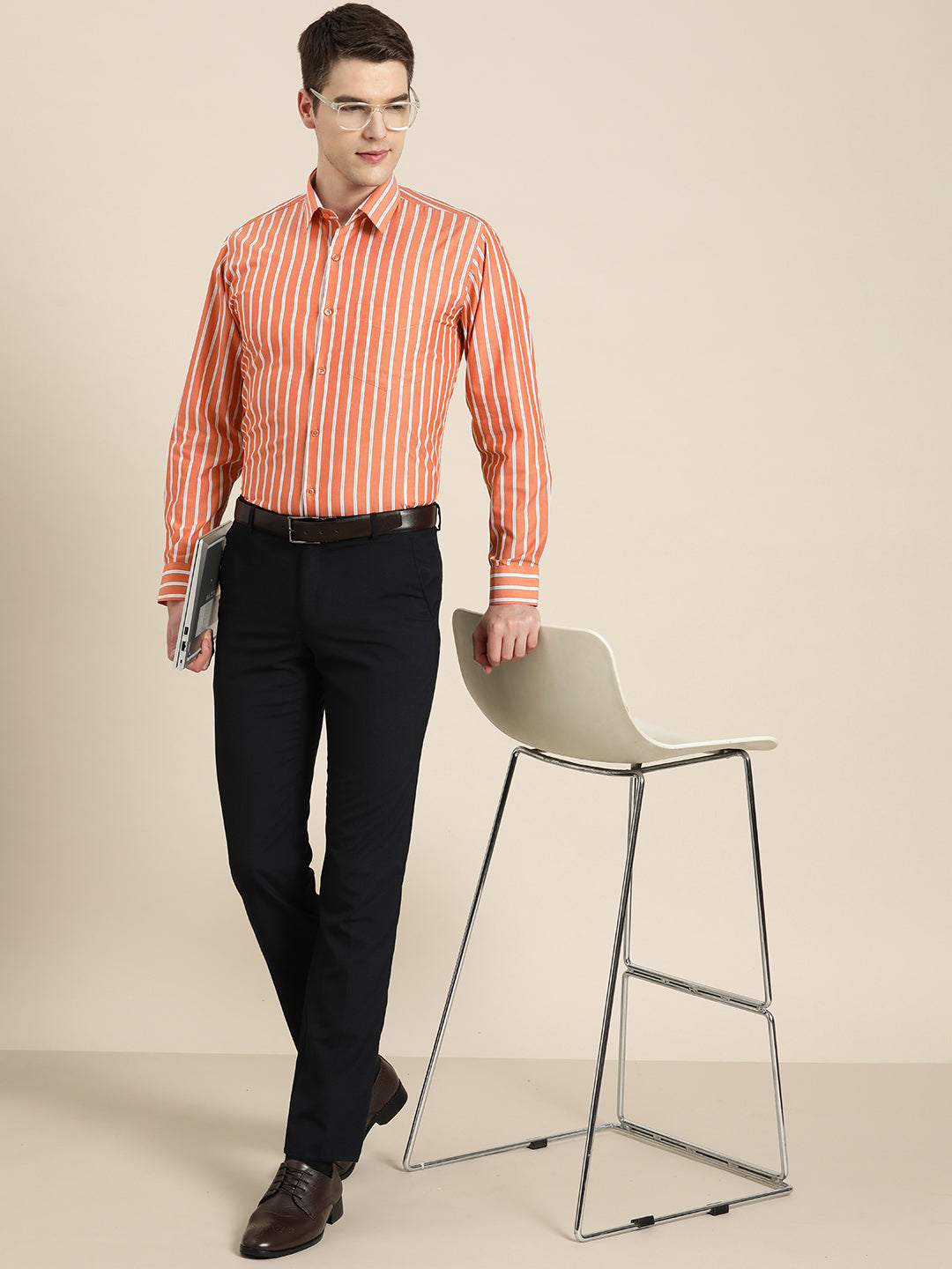 Men Orange Stripes Pure Cotton Slim fit Formal Shirt
