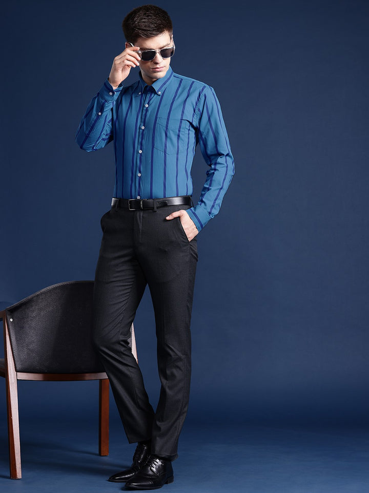Men Blue Striped Pure Cotton Slim Fit Formal Shirt